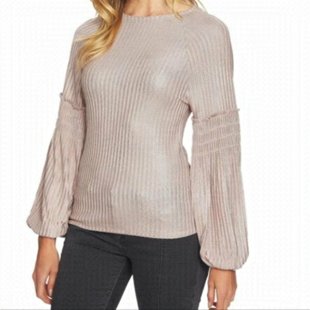 1. State Smocked Sleeve Ribbed Blouse Shadow Pink Long Sleeve Metallic L